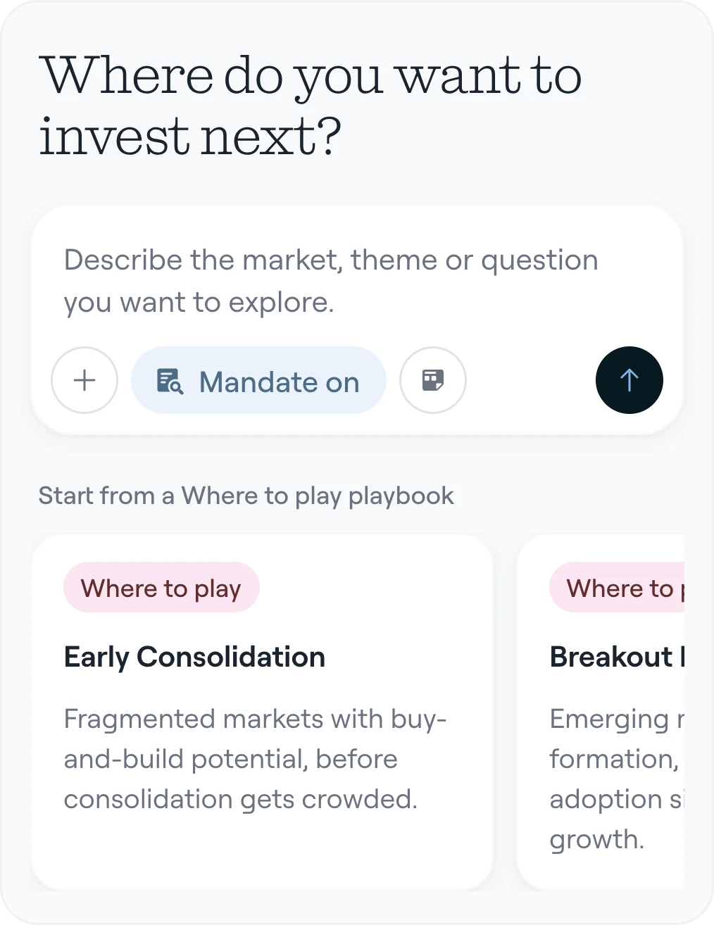 Thema home: the composer asks “Where do you want to invest next?” above Where to play playbooks.
